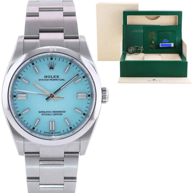 2021 NEW PAPERS Rolex Oyster 126000 Perpetual 36mm TIFFANY BLUE Watch Box: Case & Dial Case Material: Rolex Stainless Steel Case Size: 36mm Bezel: Rolex Stainless Steel Crystal: Rolex Sapphire Dial: Rolex Tiffany Blue Movement & Bracelet Movement: Rolex Automatic Bracelet De