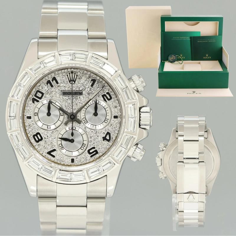 Rolex Daytona 116520 Pave Diamond Baguette Steel Chrono 40mm Watch Box: Case & Dial Case Material: Rolex Stainless Steel Case Size: 40mm Bezel: Custom Baguette Diamond Crystal: Rolex Sapphire Dial: Custom Diamond Pave Movement & Bracelet Movement: Rolex Automatic