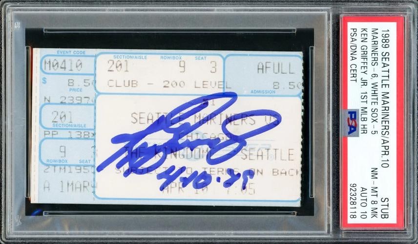 Ken Griffey Jr. Auto 1989 Mariners 1st HR Ticket Stub PSA 8MK Sig 10 4-10-89 DNA: Player: Ken Griffey Jr.,Team: Seattle Mariners,Sport: Baseball-MLB,Product: Ticket,Signed: Yes,Autograph Authentication: Professional Sports Authenticator (PSA),Original/Reprint: Original,Country of O