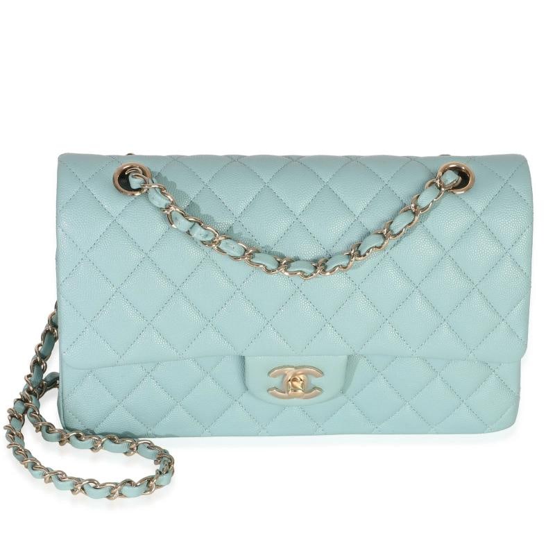 Chanel Mint Quilted Caviar Medium Classic Double Flap Handbag: Condition: Pre-owned - Good,Country of Origin: France,Dimensions: 9.75 x 6 x 2.5,Handbag Accessories: None,Bag Width: 9.75 in,Bag Depth: 2.5 in,Bag Height: 6 in,Department: Unisex,Style: Shoulder Bag,