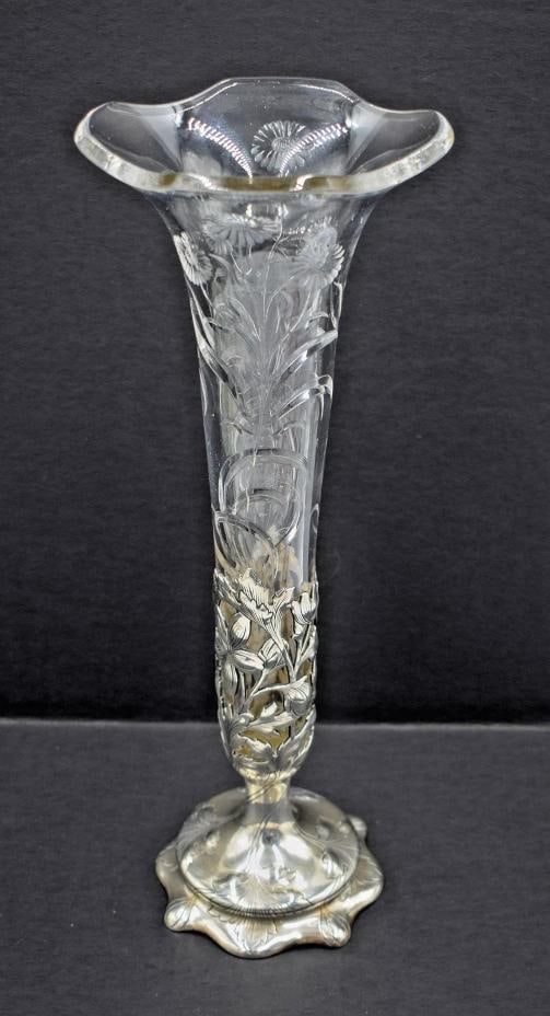 Rare Gorham Authentic Sterling Silver and Engraved Glass Vase, Circa1900 - 2