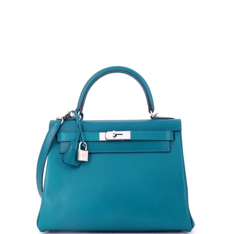 Hermes Kelly Handbag Blue Tadelakt with Palladium Hardware 28: Condition: Pre-owned - Good,Brand: Hermes,Exterior Material: Leather,Style: Top Handle,Exterior Color: Blue,Department: Women,Size: 28,Accessories: Keys, Clochette, Lock, With Strap