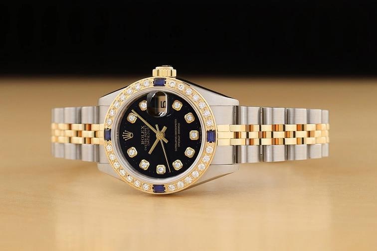 ROLEX LADIES DATEJUST 69173 BLACK SAPPHIRE DIAMOND 18K YELLOW GOLD STEEL WATCH - 2