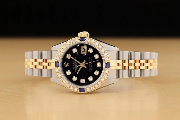 ROLEX LADIES DATEJUST 69173 BLACK SAPPHIRE DIAMOND 18K YELLOW GOLD STEEL WATCH - 3