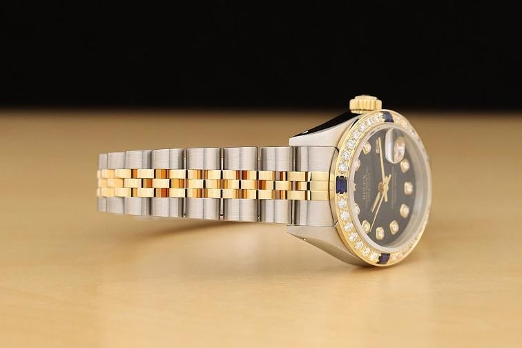 ROLEX LADIES DATEJUST 69173 BLACK SAPPHIRE DIAMOND 18K YELLOW GOLD STEEL WATCH - 7