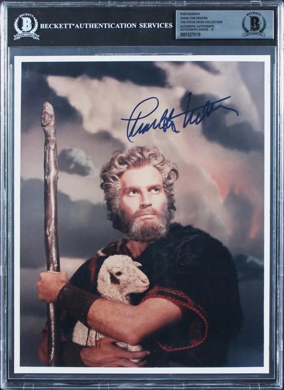 Charlton Heston The Ten Commandments Signed 8x10 Photo Auto 10! BAS Slabbed (1 of 2)