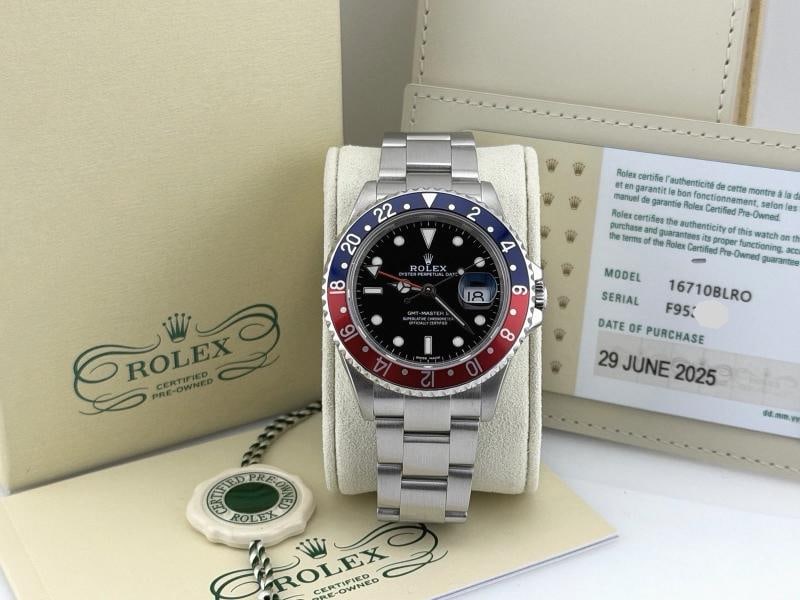 2025 CPO Rolex GMT Master II Pepsi 16710BLRO 40mm Red Blue Bezel Steel Box Card: Condition: Pre-owned - Excellent,Bezel Color: Blue, Red,Year Manufactured: 2000-2009,Band/Strap: Rolex Oyster,Case Color: Silver,Department: Men,Bezel Type: GMT/Dual Time,Watch Shape: Round,Style:
