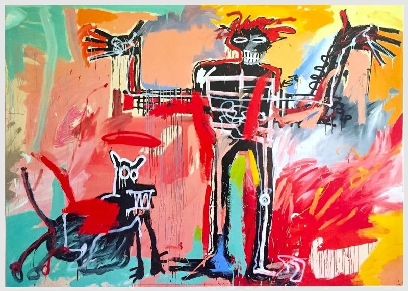JEAN MICHEL BASQUIAT RARE LITHOGRAPH PRINT " BOY&DOG IN A JOHNNYPUMP " 1982: THIS JEAN MICHEL BASQUIAT ESTATE RARE OFFSET LITHOGRAPH POP ART PRINT " BOY AND DOG IN A JOHNNYPUMP " 1982, IS A VERY SPECIAL AND UNIQUE PIECE TO ADD TO YOUR COLLECTION. THE RARE OUT OF PRINT OFFSET L