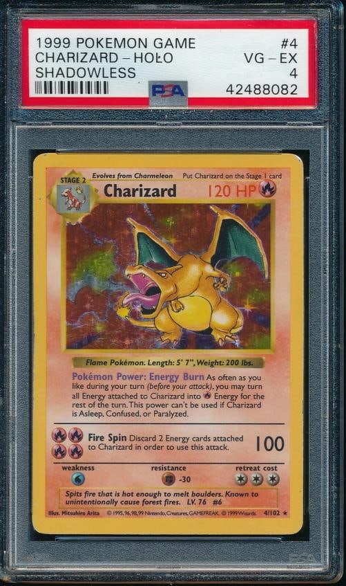 PSA 4 CHARIZARD 1999 Pokemon Base Unlimited SHADOWLESS #4/102 Holo Rare VG-EX: Condition: Graded - PSA 4: Professionally graded ,Set: Base Set,Character: Charizard,Year Manufactured: 1999,Grade: 4,Rarity: Rare,Game: PokÃƒÂ©mon TCG,Year: 1999,Language: English