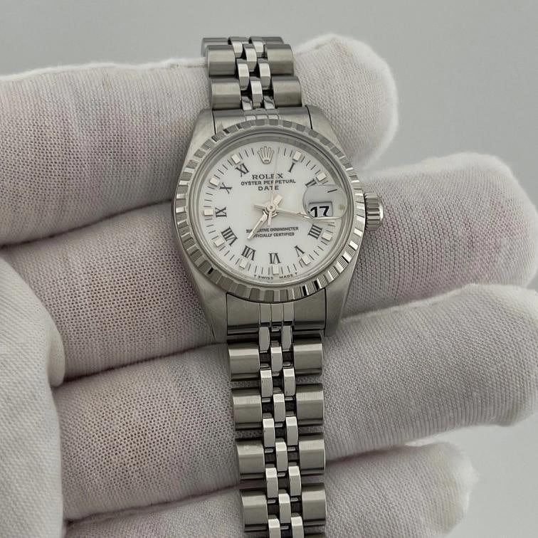Rolex Oyster Perpetual Lady Date 69240 26mm White Roman Dial Steel Service Paper - 9