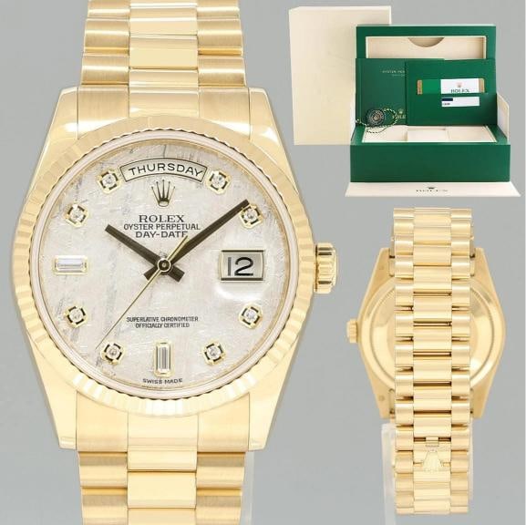 2017 PAPERS MINT Rolex President Day Date Yellow Gold 118238 Meteorite Watch: Condition: Pre-owned - Excellent,Reference Number: 118238,Model: Rolex President,Dial Pattern: Meteorite,Brand: Rolex,Department: Men,Type: Wristwatch,Country of Origin: Switzerland