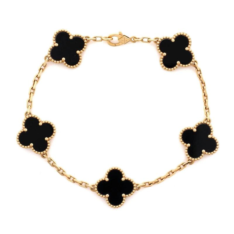 Van Cleef & Arpels Vintage Alhambra 5 Motifs Bracelet 18K Yellow Gold and Onyx: Condition: Pre-owned - Good,Brand: Van Cleef & Arpels,Main Stone: Onyx,Metal: 18K Yellow Gold,Metal Purity: 18K,Style: Bracelet,Type: Bracelet,Color: Yellow Gold,Material: 18K Yellow Gold, Onyx Condit