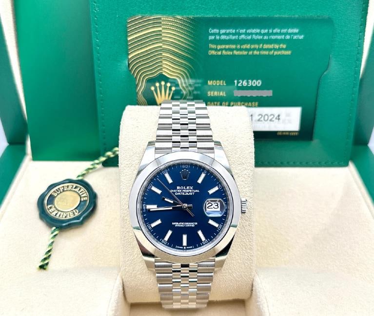 2024 Rolex Datejust 41 126300 41mm Blue Dial Stainless Steel Jubilee Box Papers: Condition: Pre-owned - Excellent,Bezel Color: Silver,Year Manufactured: 2024,Band/Strap: Rolex Jubilee,Case Color: Silver,Department: Men,Bezel Type: Smooth,Watch Shape: Round,Style: Casual, Classic, 