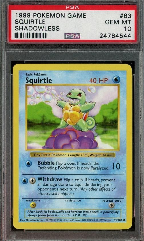 Pokemon Base Set Squirtle SHADOWLESS #63/102 Graded PSA 10 GEM MINT 1999 Game: Condition: : A brand-new, unused, unopened, undamaged item (including handmade items).,Set: Base Set,Card Name: Charizard,Grade: 9,Features: Holo,Manufacturer: Wizards of the Coast,Professional Grader