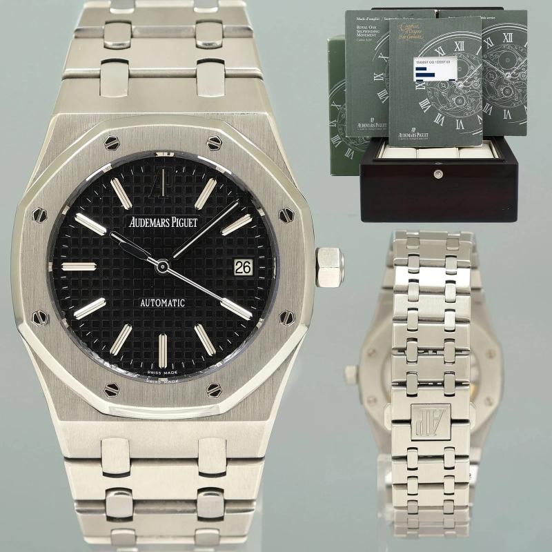 PAPERS MINT 15300ST Audemars Piguet Royal Oak Black 39mm Steel Date Watch Box: Condition: Pre-owned - Excellent,Brand: Audemars Piguet,Department: Unisex Adults,Type: Wristwatch,Model: Royal Oak,Reference Number: 15300ST,With Original Box/Packaging: Yes,With Papers: