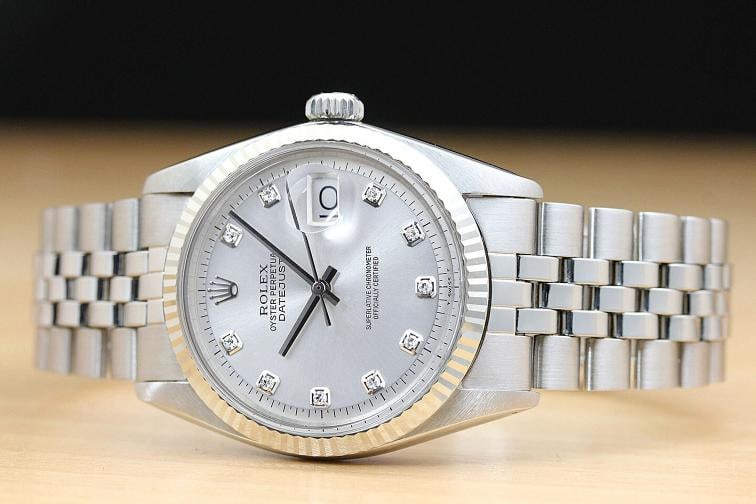 ROLEX MENS DATEJUST 1601 18K WHITE GOLD STAINLESS STEEL SILVER DIAMOND WATCH - 3