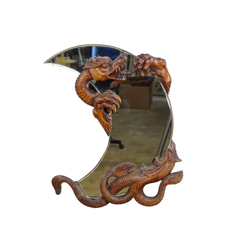 Victorian Mirror with Carved Dragon attr. to Gabriel Viardot ca. 1880: A great Victorian mirror in the style of Gabriel Viardot. The mirror in the shape of a crescent moon is held by a wooden dragon with three tails. Manufactured in France ca. 1880. Very good condition, 