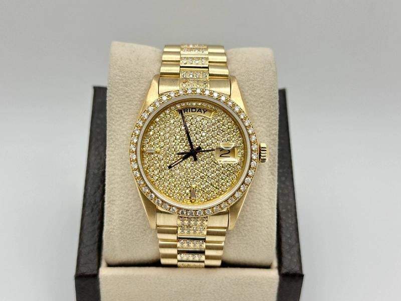 Rolex Day Date President 18038 36mm Diamond Dial Bezel Band 18k Yellow Gold: Condition: Pre-owned - Good,Bezel Color: Gold, Yellow,Movement: Mechanical (Automatic),Seller Warranty: Yes,Year Manufactured: 1980-1989,Reference Number: 18038,Band/Strap: Rolex President,Brand: Role