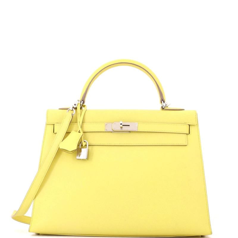Hermes Kelly Handbag Yellow Epsom with Palladium Hardware 32: Condition: Pre-owned - Excellent,Brand: Hermes,Exterior Material: Leather,Style: Top Handle,Exterior Color: Yellow,Department: Women,Size: 32,Accessories: Keys, Lock, Clochette, With Strap Condition: