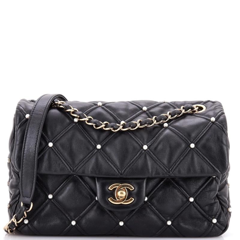 Chanel CC Flap Bag Pearl Studded Quilted Lambskin Medium: Measurements: Handle Drop 11", Height 6.5", Width 9.5", Depth 3", Strap Drop 21" . Condition: Pre-owned - Good,Brand: Chanel,Exterior Material: Leather, Faux Pearl,Style: Shoulder Bags,Exterior Color: