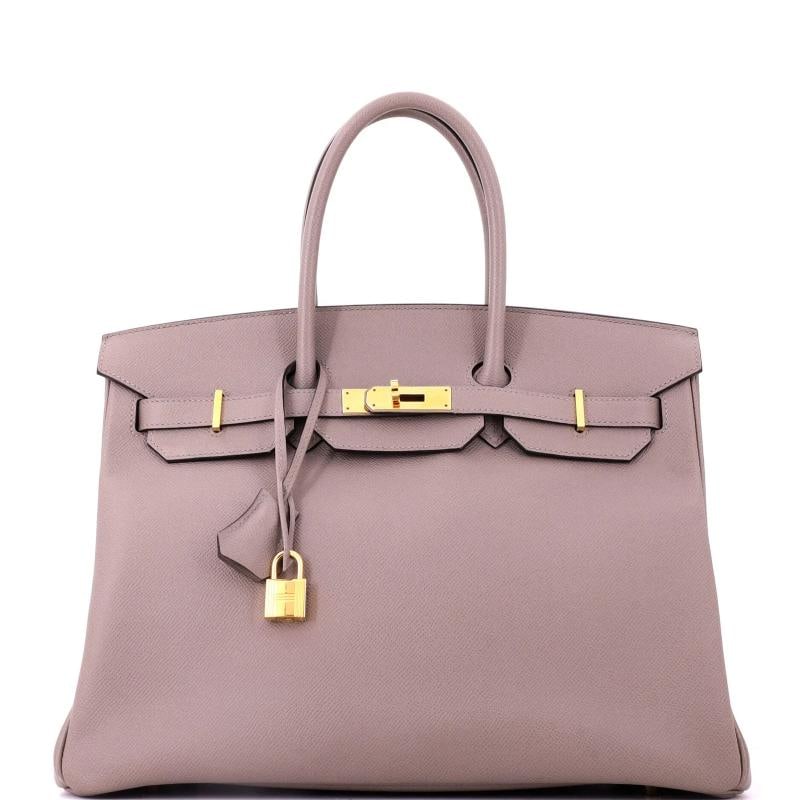 Hermes Birkin Handbag Grey Epsom with Gold Hardware 35: Accessories: Keys, Lock, Clochette Measurements: Height 10", Width 14", Depth 7". Condition: Pre-owned - Good,Brand: Hermes,Exterior Material: Leather,Style: Top Handle,Exterior Color: Gray,Department