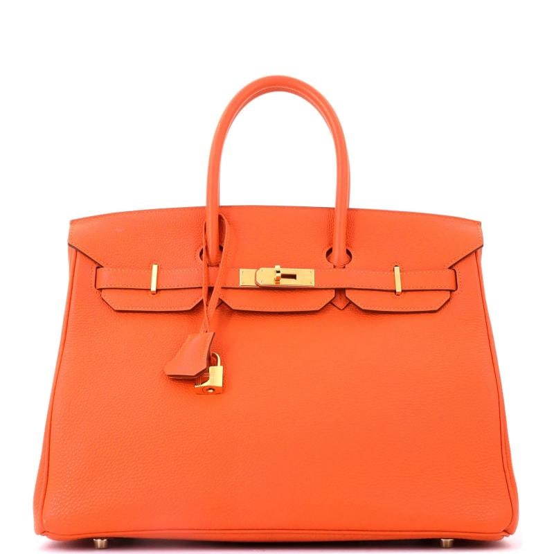 Hermes Birkin Handbag Orange Togo with Gold Hardware 35: Accessories: Dust Bag, Keys, Lock, Clochette Measurements: Handle Drop None", Height 10", Width 13.5", Depth 7", Strap Drop None". Condition: Pre-owned - Good,Brand: Hermes,Exterior Material: Leather,