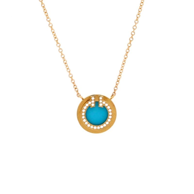 Tiffany & Co. T Circle Pendant Necklace 18K Yellow Gold with Turquoise: Measurements: Length: 16.0 - 18.0 ", Pendant Length: 10.90 mm, Pendant Width: 10.90 mm . Condition: Pre-owned - Good,Brand: Tiffany & Co.,Main Stone: Diamond,Metal: 18K Yellow Gold,Metal Purity: