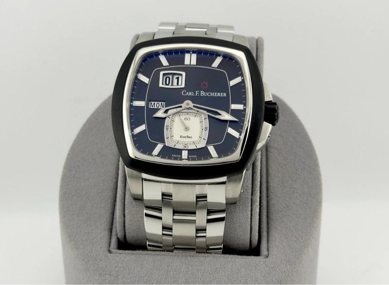 Carl F Bucherer Patravi EvoTec Day Date 00.10625.13.33.01 44.5mm Stainless Steel: Style Number: 00.10625.13.33.01 Model: Carl F Bucherer Patravi EvoTec Day Date Case Material: Stainless Steel Band: Stainless Steel Bezel: Black Dial: Black Crystal: Sapphire Case Size: 44.5mm Include