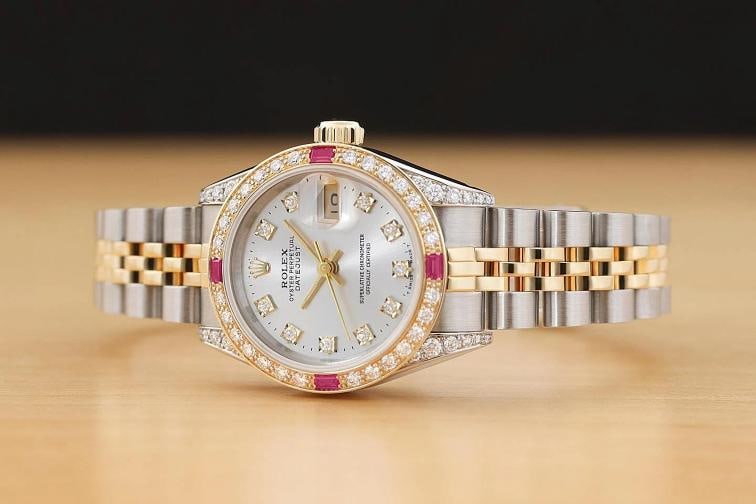 ROLEX LADIES DATEJUST 69173 SILVER FACTORY DIAMOND RUBY 18K GOLD STEEL WATCH - 2