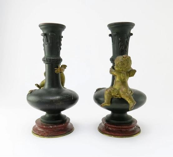 Brilliant Pair French Bronze Cherubs Bud Vases Auguste Moreau 1880s Marble Vase - 6