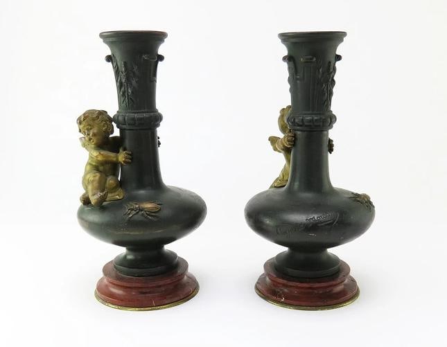Brilliant Pair French Bronze Cherubs Bud Vases Auguste Moreau 1880s Marble Vase - 7