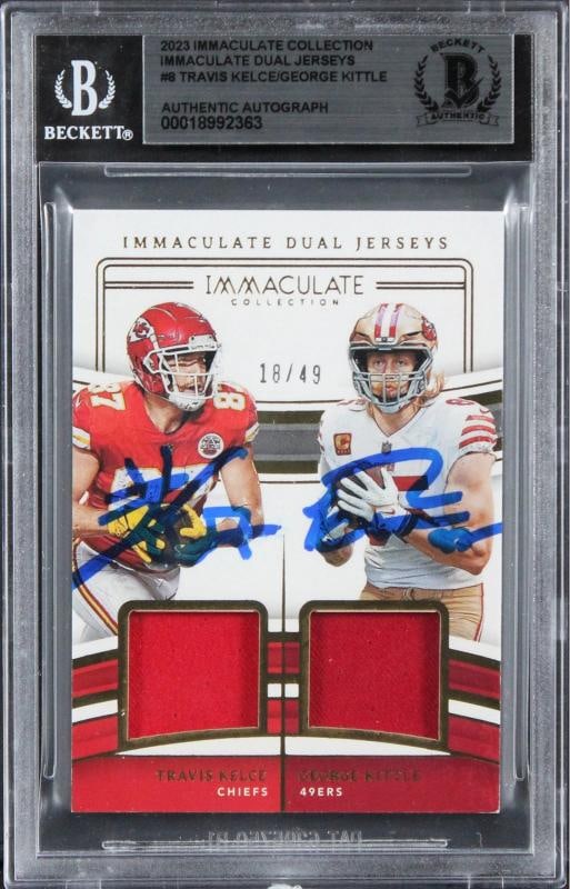 Kelce & Kittle Signed 2023 Immaculate Collection DJ #8 18/49 Card BAS Slabbed: Sport: Football,Product: Box, Box & Case Breaks, Case, Coin, etopps (In-hand), Lot, Pack,,Original/Reprint: Original,Player: Travis Kelce & George Kittle,Autograph Authentication: Beckett,PRODUCT_COA: