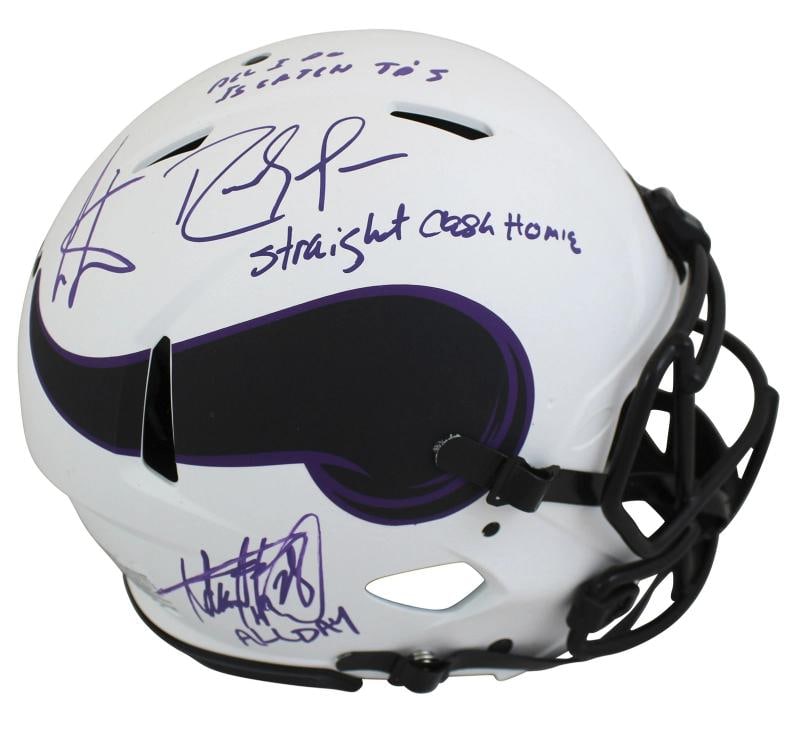 Vikings (3) Moss, Carter & Peterson Signed Lunar F/S Speed Proline Helmet BAS: Player: Randy Moss, Cris Carter & Adrian Peterson,Product: Helmet,Original/Reprint: Original,Team: Minnesota Vikings,Autograph Authentication: Beckett,PRODUCT_COA: Beckett,PRODUCT_SIGNED_BY_NAME: