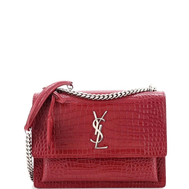 Saint Laurent Sunset Crossbody Bag Crocodile Embossed Leather Medium: Accessories: Dust Bag, Clochette Measurements: Handle Drop 11.5", Height 6", Width 8.5", Depth 3", Strap Drop 12-20.5". Condition: Pre-owned - Good,Brand: Saint Laurent,Exterior Material: