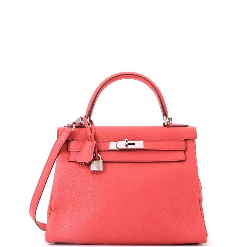 Hermes Kelly Handbag Pink Clemence with Palladium Hardware 28: Accessories: Keys, Lock, Clochette, With Strap Measurements: Handle Drop 3.5", Height 8.5", Width 11", Depth 4", Strap Drop 17". Condition: Pre-owned - Good,Brand: Hermes,Exterior Material: Leather,St