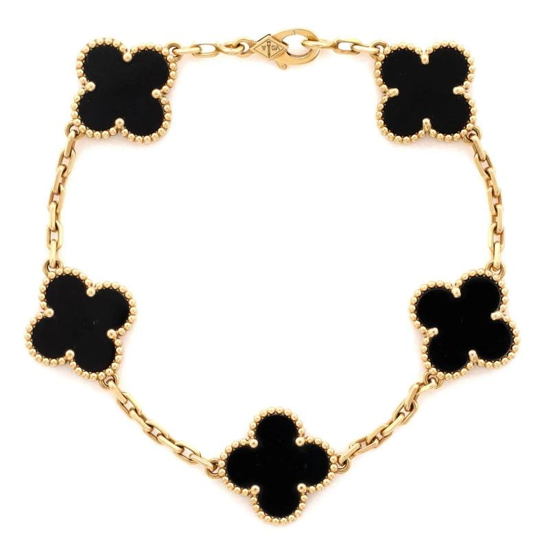 Van Cleef & Arpels Vintage Alhambra 5 Motifs Bracelet 18K Yellow Gold and Onyx: Measurements: Circumference: 7 ", Width: 14.95 mm . Condition: Pre-owned - Good,Brand: Van Cleef & Arpels,Main Stone: Onyx,Metal: 18K Yellow Gold,Metal Purity: 18K,Style: Bracelet,Type: