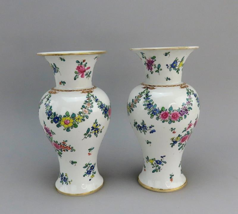 Beautiful Pair Antique Samson French Floral Flowers Garlands Vases 9 5/6": Each vase stands about 9 5/8 inches tall and measures about 5 inches in diameter. . Condition: Used: An item that has been used previously. The item may have some signs of cosmetic wear, but is fully 