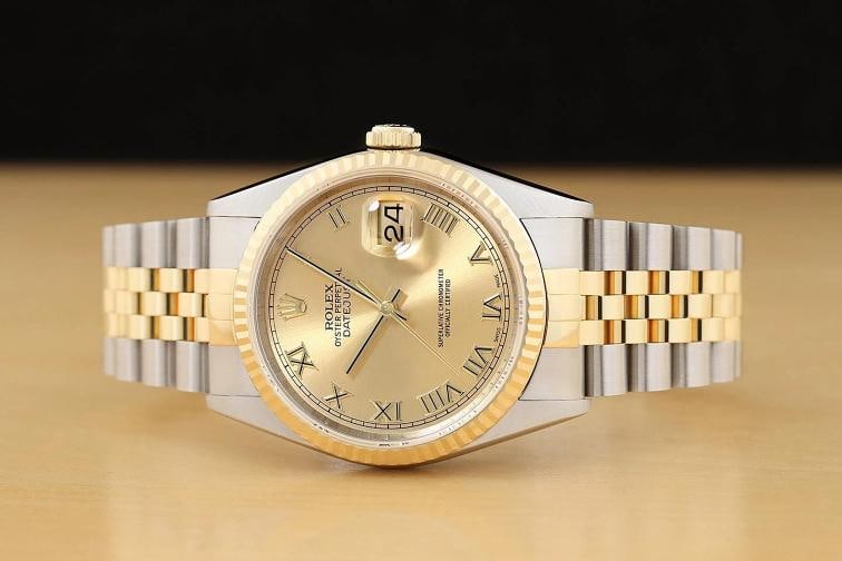ROLEX MENS DATEJUST 16233 CHAMPAGNE ROMAN 18K GOLD STEEL NO HOLES TWO TONE WATCH - 3