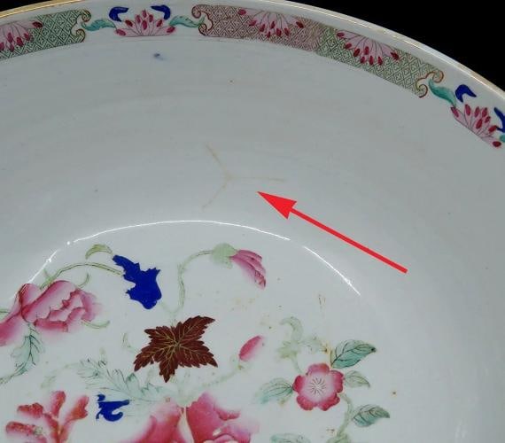 Gorgeous c1800-1850 Chinese Handpainted Floral Porcelain Centerpiece Punch Bowl - 8