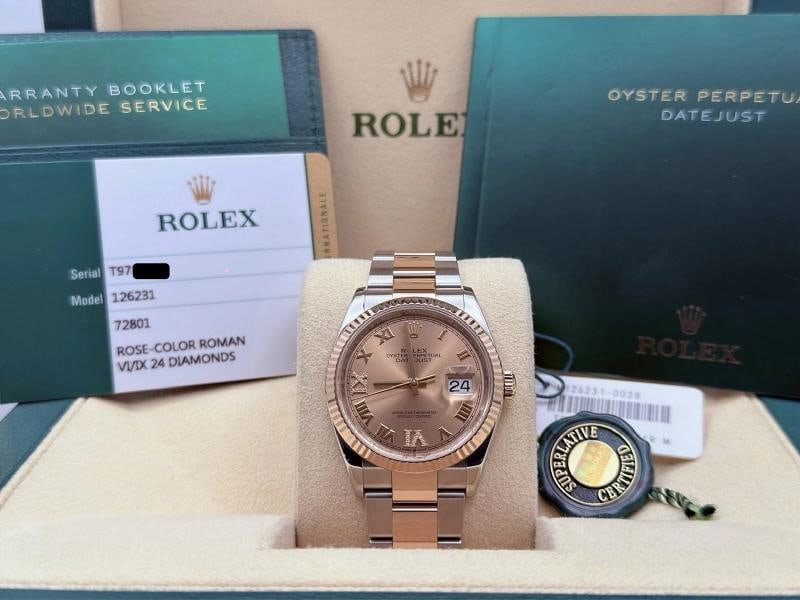 Rolex Datejust 36 126231 Pink Diamond Roman Dial 18K Rose Gold Steel Box Papers: Style Number: 126231 Year: 2019 Model: Rolex Datejust 36 Case Material: Stainless Steel Band: 18K Rose Gold and Stainless Steel Bezel: 18K Rose Gold Fluted Dial: Pink Diamond Roman Dial Crystal: Sapph