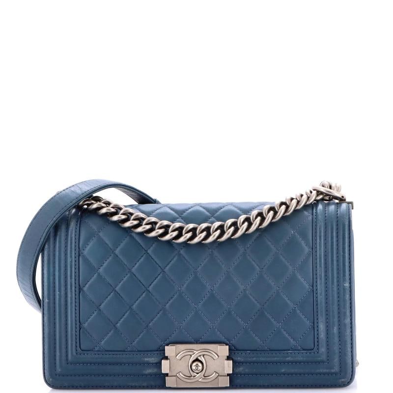 Chanel Boy Flap Bag Quilted Lambskin New Medium: Condition: Pre-owned - Good,Brand: Chanel,Exterior Material: Leather,Style: Shoulder Bags,Exterior Color: Blue,Department: Women,Size: New Medium