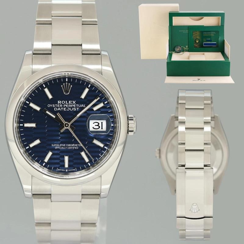 2024 NEW PAPERS Blue Motif Rolex DateJust 36mm 126200 Steel Oyster Band Watch: Brand Rolex (Guaranteed Authentic) Model DateJust Reference Number 126200 Serial Number Random Serial Gender Metal Stainless Steel Case Size 36.00mm Wrist Size This watch will currently comfortably fi