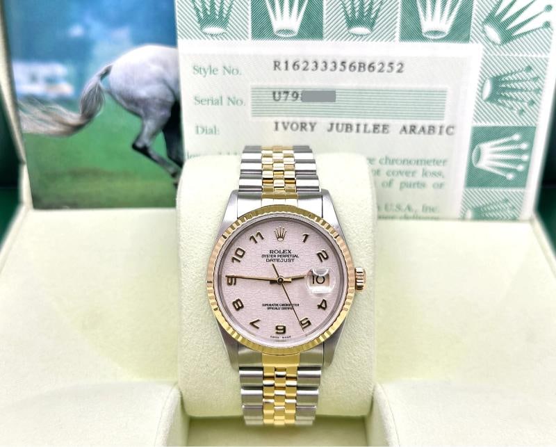 Rolex Datejust 16233 36mm Ivory Jubilee Arabic Dial 18K Gold Steel Box Papers - 2