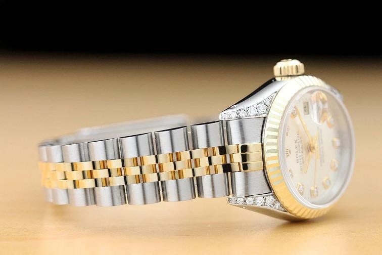 ROLEX LADIES DATEJUST SILVER DIAL 18K GOLD STEEL DIAMOND LUGS QUICKSET WATCH - 7