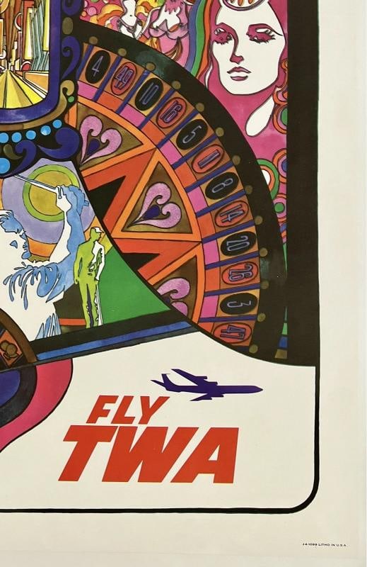 Original Vintage Poster LAS VEGAS - FLY TWA Airline Travel Tourism Klein LINEN - 5