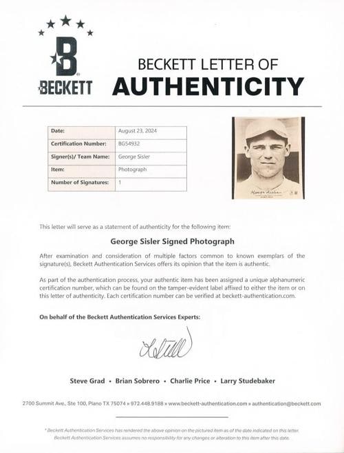 George Sisler Signed 8x10 Photo Beckett Graded 10 GEM MINT Auto - 3