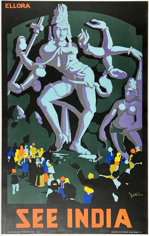 Original Vintage Poster ELLORA SEE INDIA Art Deco Indian Travel Tourism OL Rare!: Dimensions: 24.8 x 39.4 in. / 63 x 100 cm.; Circa: 1930 Original vintage "ELLORA - SEE INDIA" travel poster, plate signed by its artist, V.A. MALI, and printed circa 1930.