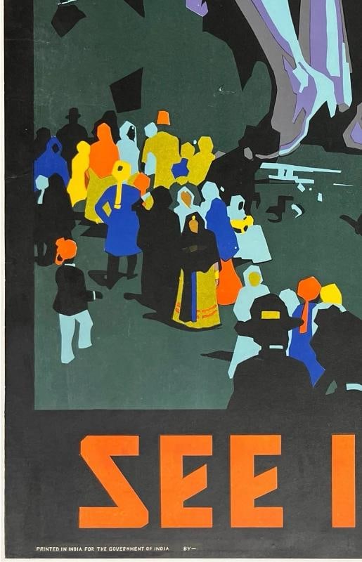 Original Vintage Poster ELLORA SEE INDIA Art Deco Indian Travel Tourism OL Rare! - 4
