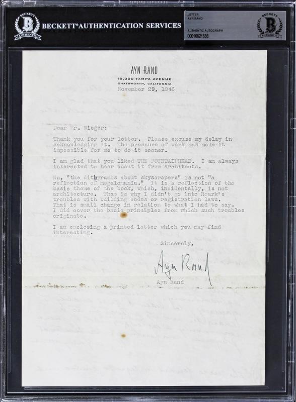 Ayn Rand Authentic Signed 7.25x10 Typed Letter Dated Nov. 29, 1946 BAS Slabbed - 2