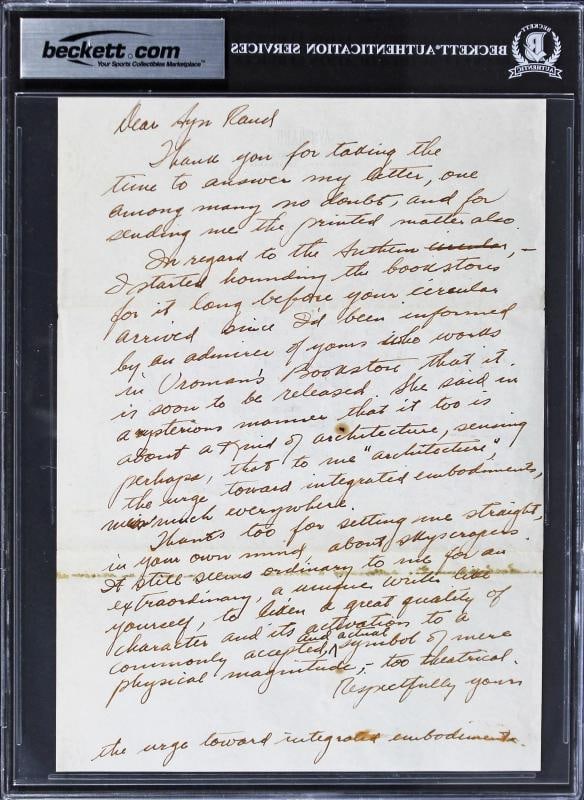 Ayn Rand Authentic Signed 7.25x10 Typed Letter Dated Nov. 29, 1946 BAS Slabbed - 3